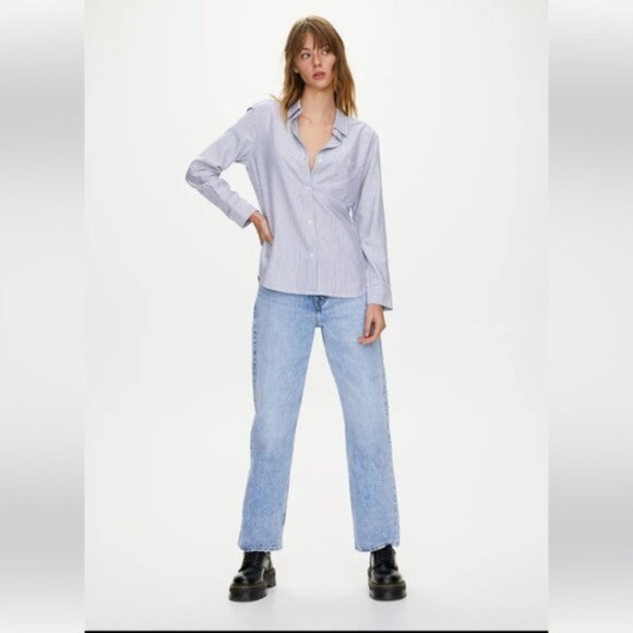Aritzia Sunday Best Montana Blue Striped Boyfriend Button Down Shirt Size Medium - Picture 4 of 16